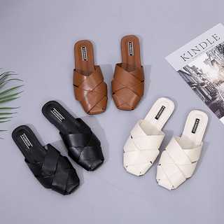 Image of 【Ready Stock】New Fashion Square Flat Shoes Comfortable Female Half Slippers