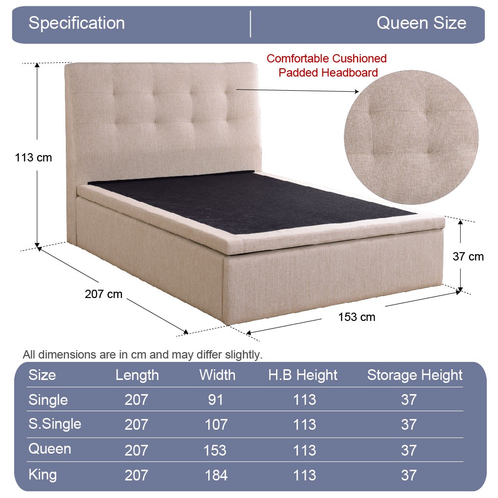 Storage Bed Frame Fabric Upholstery, What Is The Size Of A Queen Bed In Cm