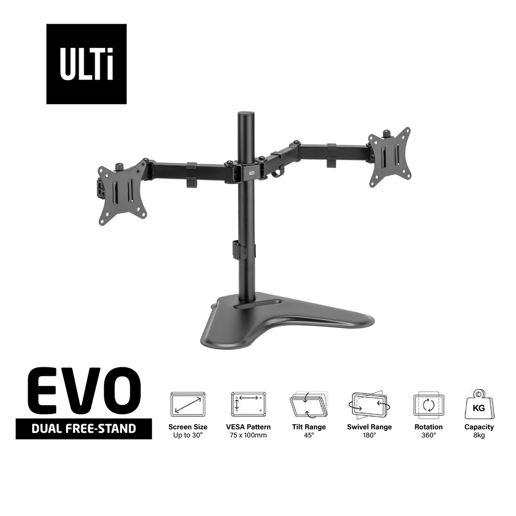 ULTi EVO Dual Monitor FreeStanding Desk Stand Mount for 2 Screens up