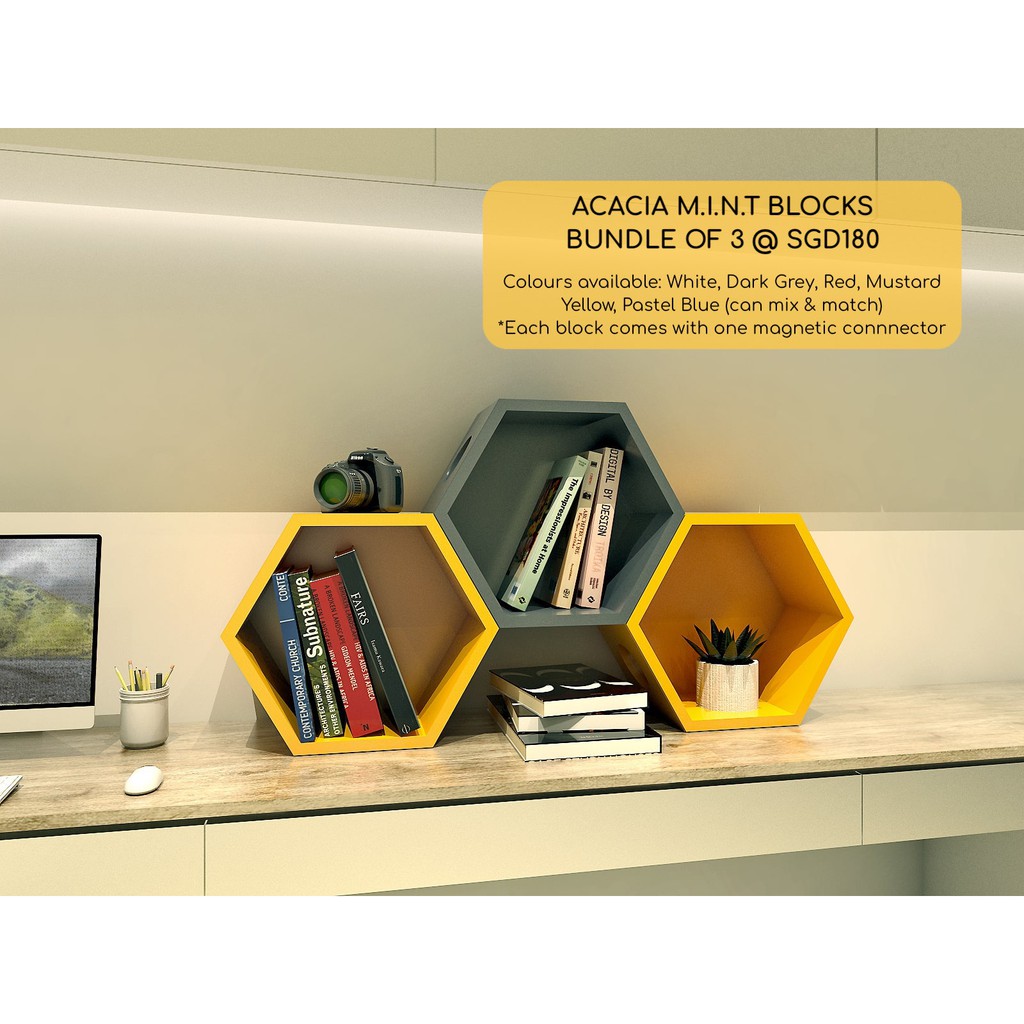 Modular Hexagonal Display Storage, Mustard Yellow Shelves
