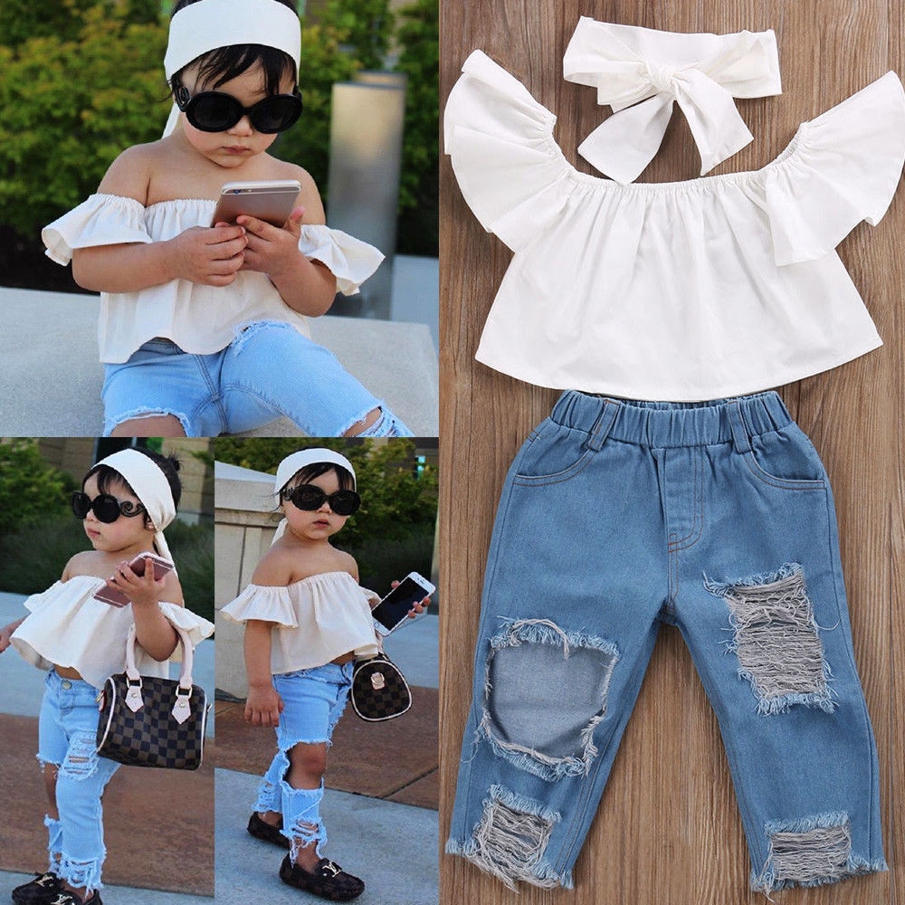 Yaho Fashion Kids Baby Girls Off Shoulder Tops Holes Denim Pants Jeans Outfits Shopee Singapore