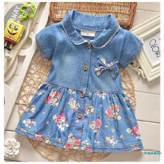 ✿ℛCute Baby Kids Girls Denim Floral Short Sleeve Dress Bowknot Sundress Skirt