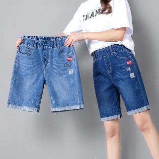 Image of Women Denim Short Elastic Drawstring Waist Jeans Short Straight Five Point Pant Curl Hem Patchwork Plus Size