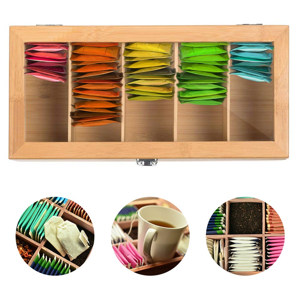 Bamboo System Tea Bag Jewelry Organizer Storage Box 5 Compartments Tea