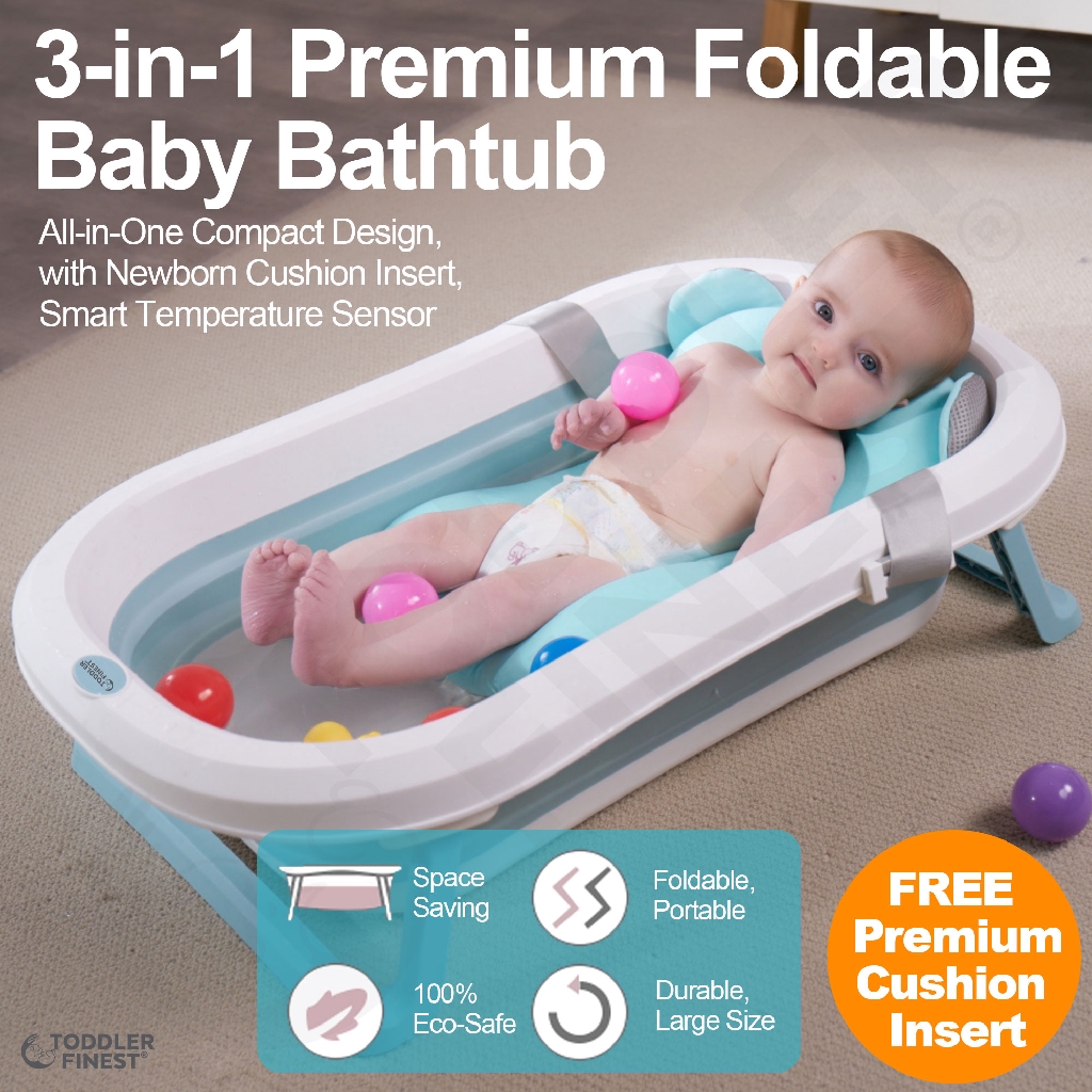 3-in-1 Foldable Baby Bathtub – Soft Hypoallergenic Cushion Insert – Smart Thermo Sensor – Lightweight Portable Bathtub - Baby Bathtub Singapore (Credit: FairPrice)