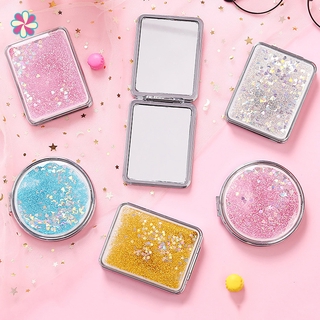 Girl Heart Student Quicksand Double-sided Glass Cute Handheld Small Portable Folding Makeup Mirror JP1