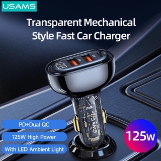 [Ready Stock]USAMS 125W Transparent 3 USB Ports Digital Display Car Fast Charger  For Phone Laptop Tablet Universal USB C A Car Charger