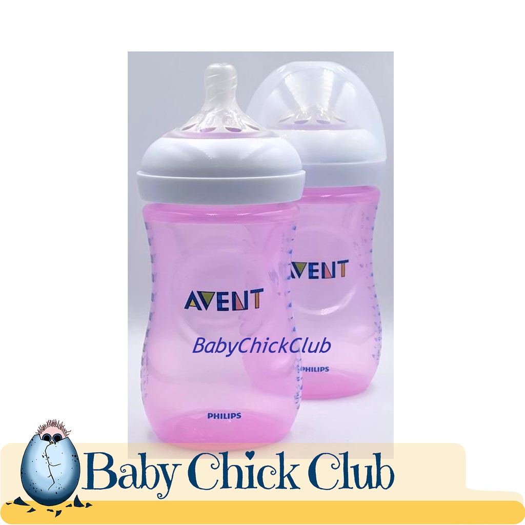 Philips Avent Natural Baby Bottle Clear Pink Blue 9oz / 260ml Twin Pack with 1m+ Slow Flow Nipple