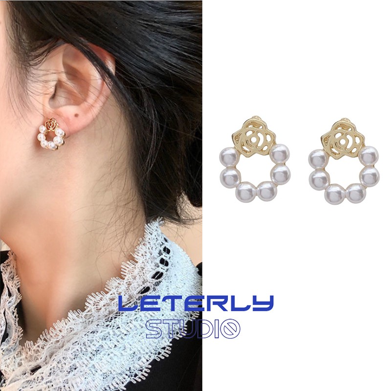 s925 silver needle French retro rose pearl earrings Korean
