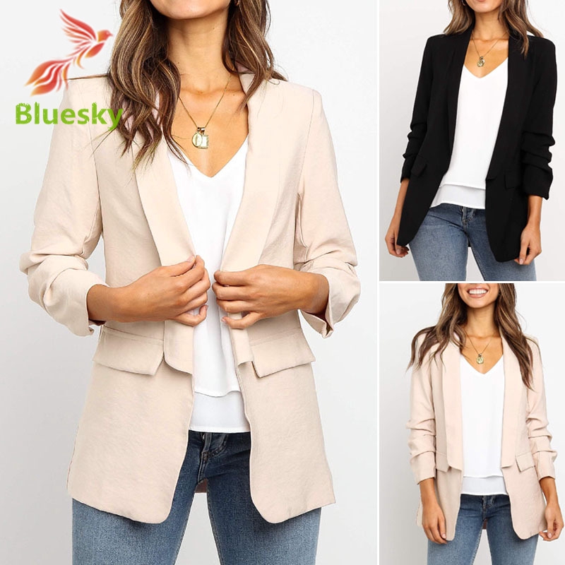 Women Lapel Blazer Solid Color Long Sleeve Small Blazer Coat Office Lady Shopee Singapore