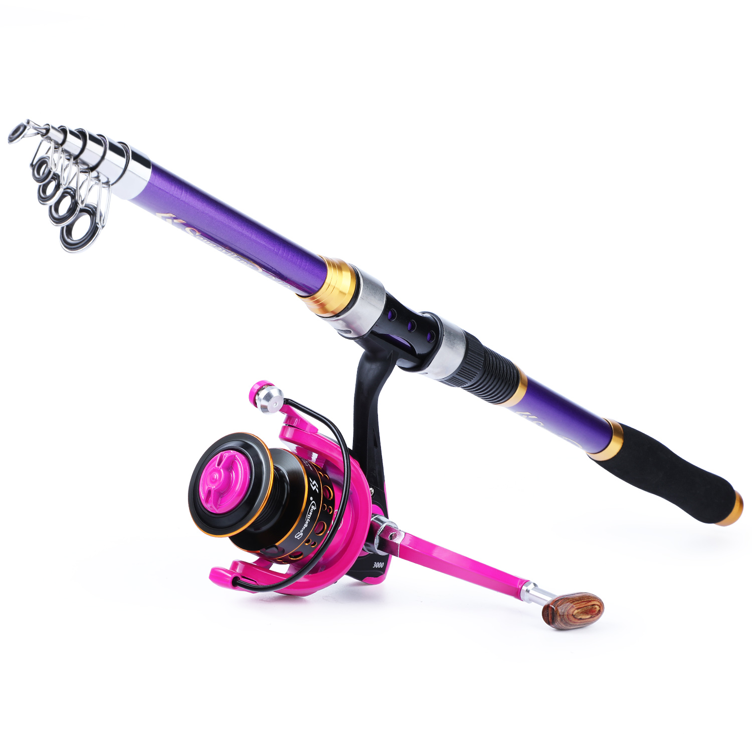 purple fishing rod and reel