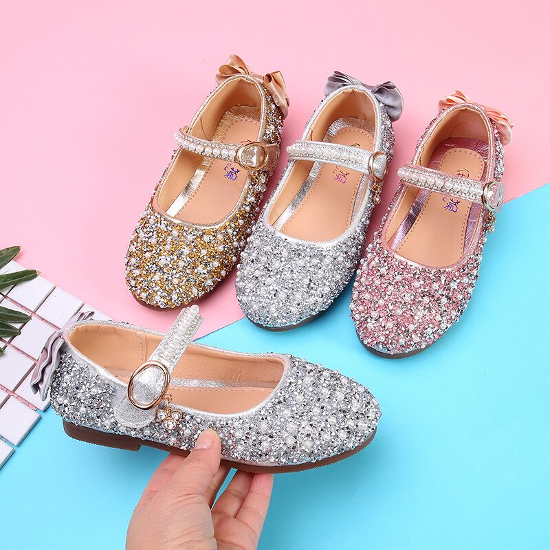 New Children Flat Girls Single Shoes Girls Glitter Pearl Rhinestone Princess Shoes Show Kids Dancing Shoes Girls Soft Flats