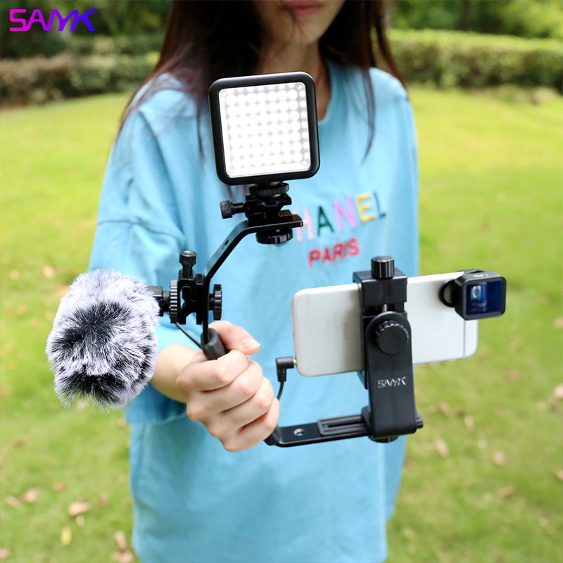 SANYK Metal L-shaped Mobile Phone Extension Stabilizer Bracket Vlog Video Live LED Fill Light Microphone Suitable for Mobile Phone SLR Camera DV Machine Action Camera
