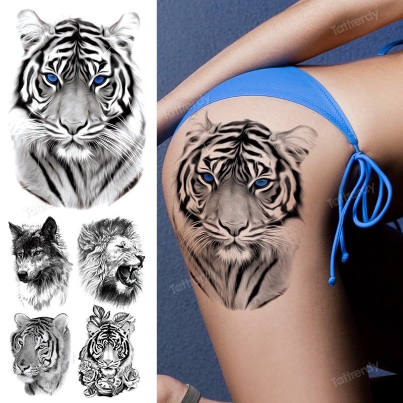 Temporary Tatoo Waterproof Animals Tiger Lion Wolf Tattoo Thigh Leg Arm Shoulder Tattoo Sleeve Big Body Art Sexy For Men Women Shopee Singapore