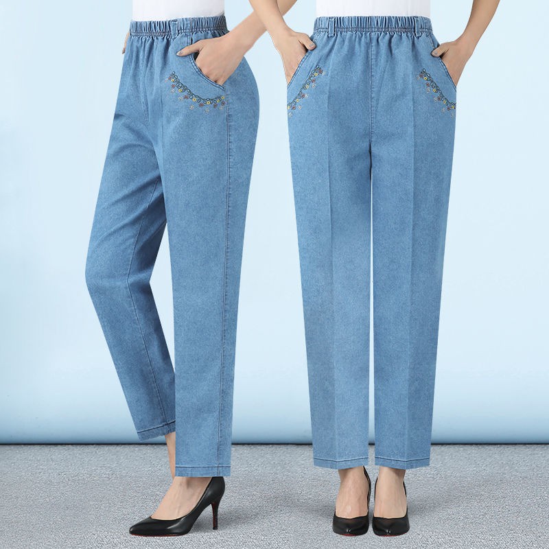 Middleaged and elderly jeans women s summer thin stretch loose mother