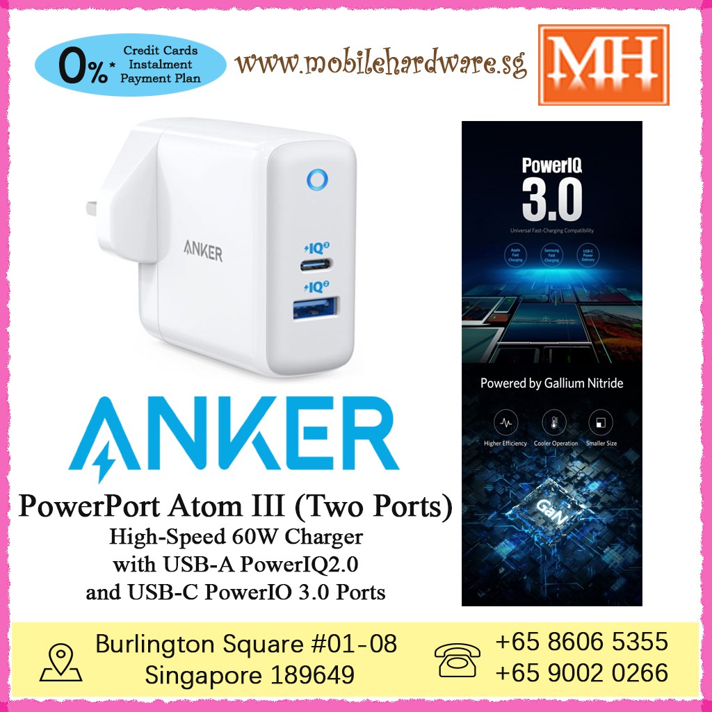 Authentic] Anker PowerPort Atom III (Two Ports) High-Speed 60W Charger w/  USB-A PowerIQ 2.0 and USB-C PowerIQ 3.0 MH | Shopee Singapore