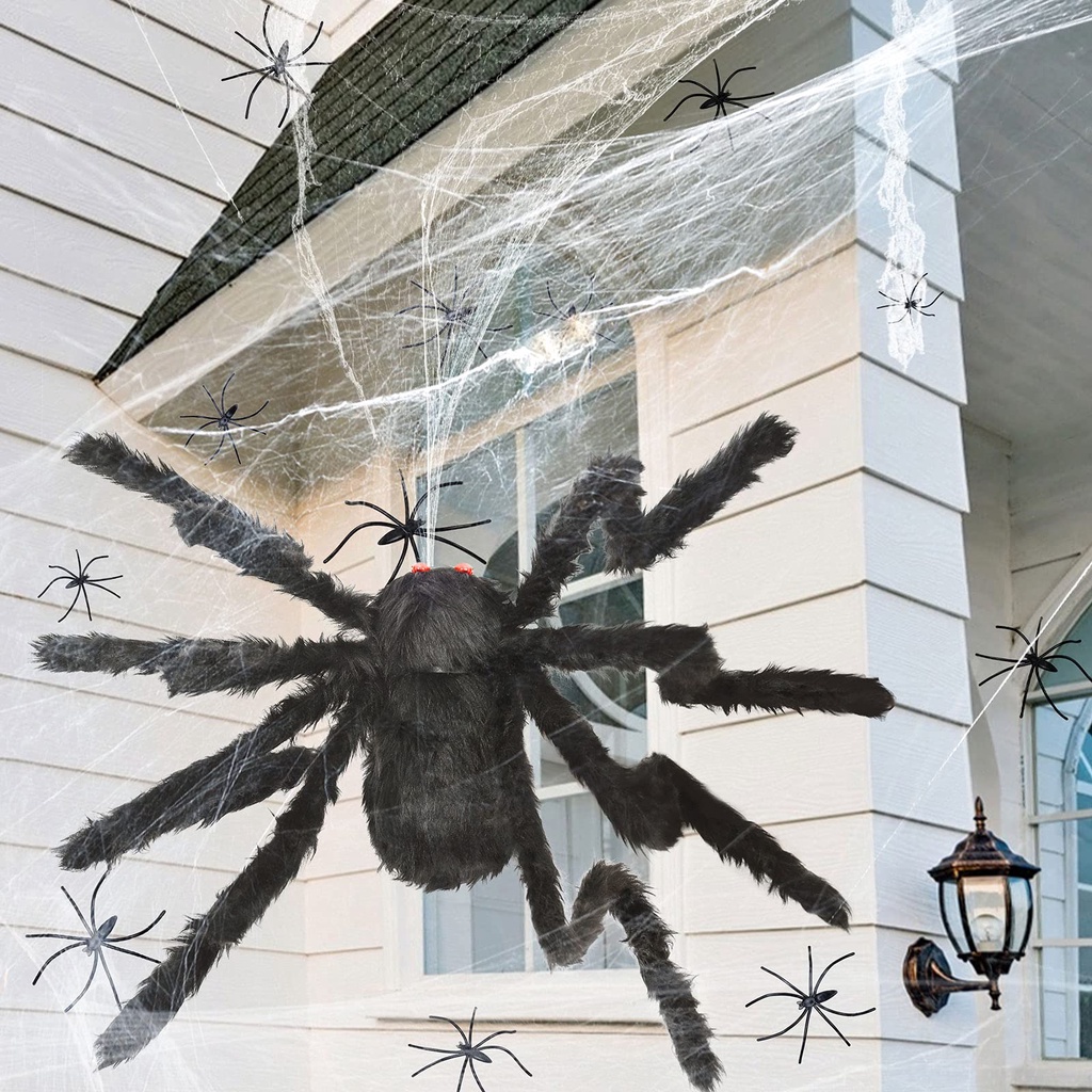 200" Halloween Spider Web + 59" Giant Spider Decorations Fake Spider ...