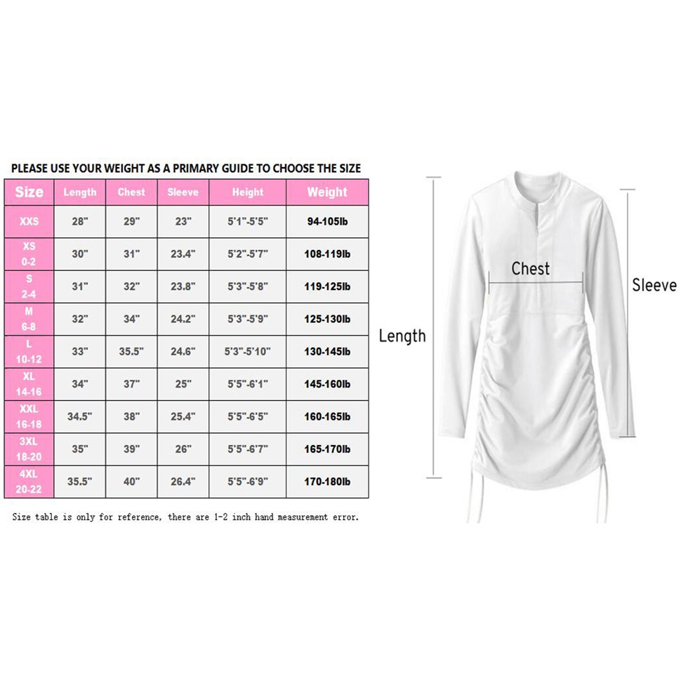 SAILBEE Women's UV Sun Protection Long Sleeve Rash Guard Wetsuit Swimsuit Top 904 — size chart