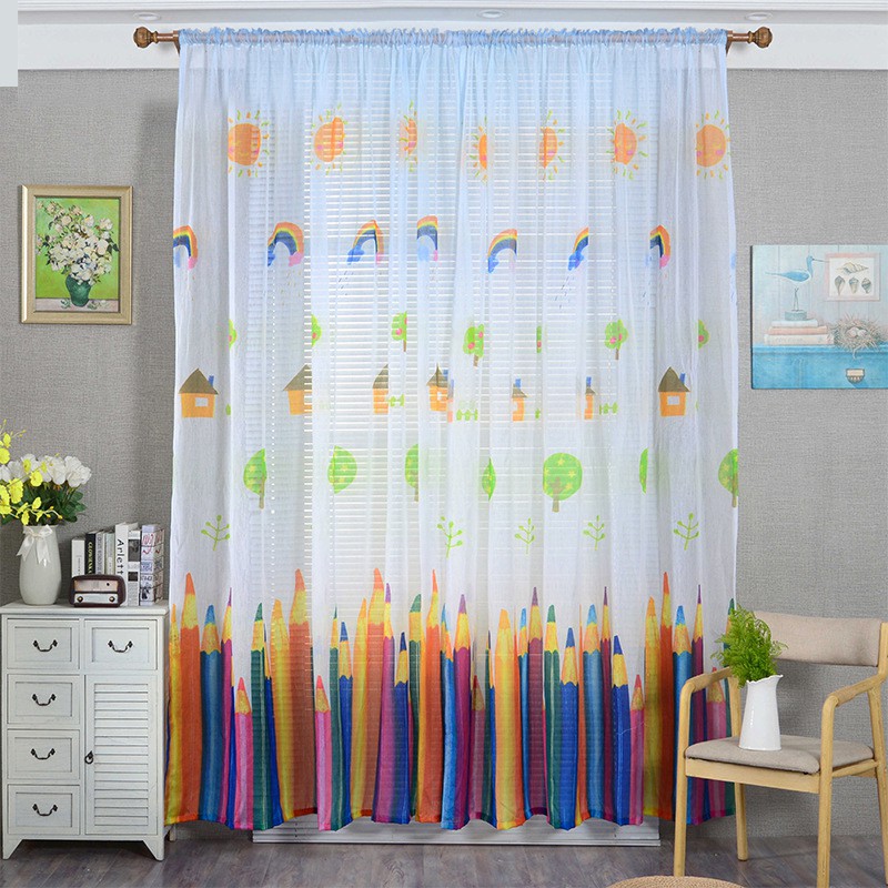 Cartoon Crayon Pattern Window Curtain Rod Pocket Voile Drape