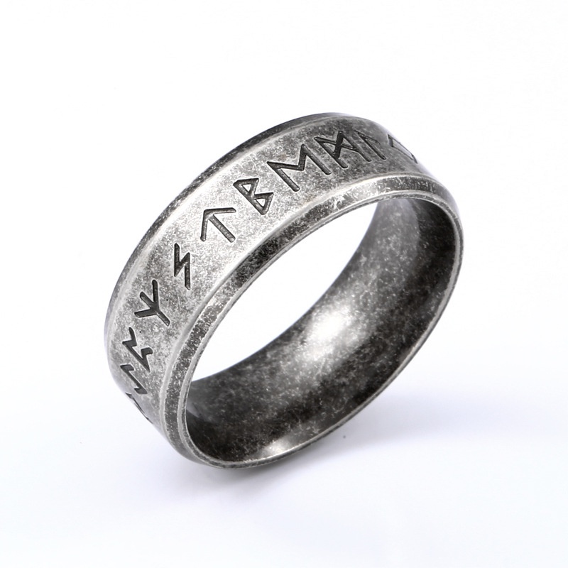 Image of Vintage Time Viking Ring Men's Fashion Stainless Steel Ancient Silver Hand-Polished Lettering Punk #0