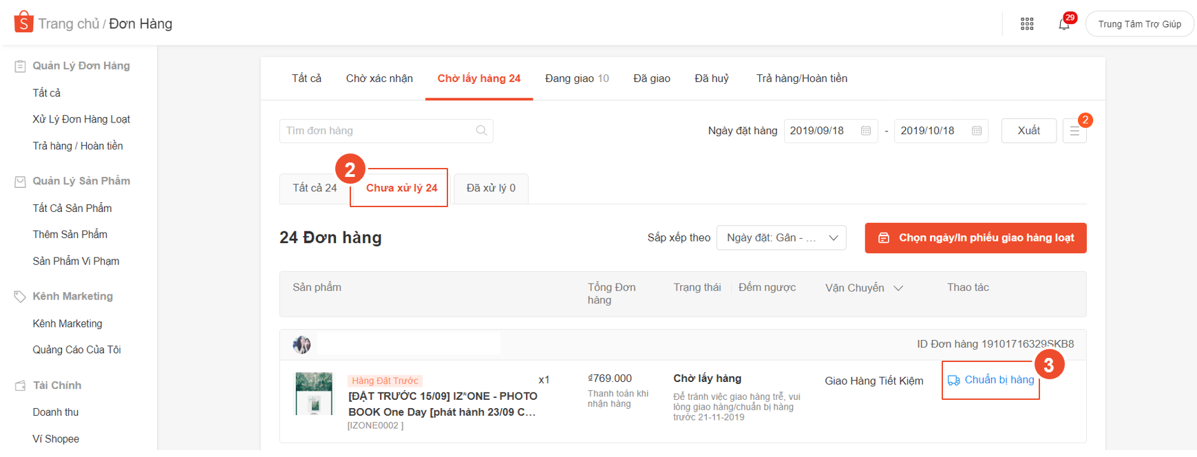 Xác nhận đơn hàng Shopee: Vào mục Chuẩn bị hàng