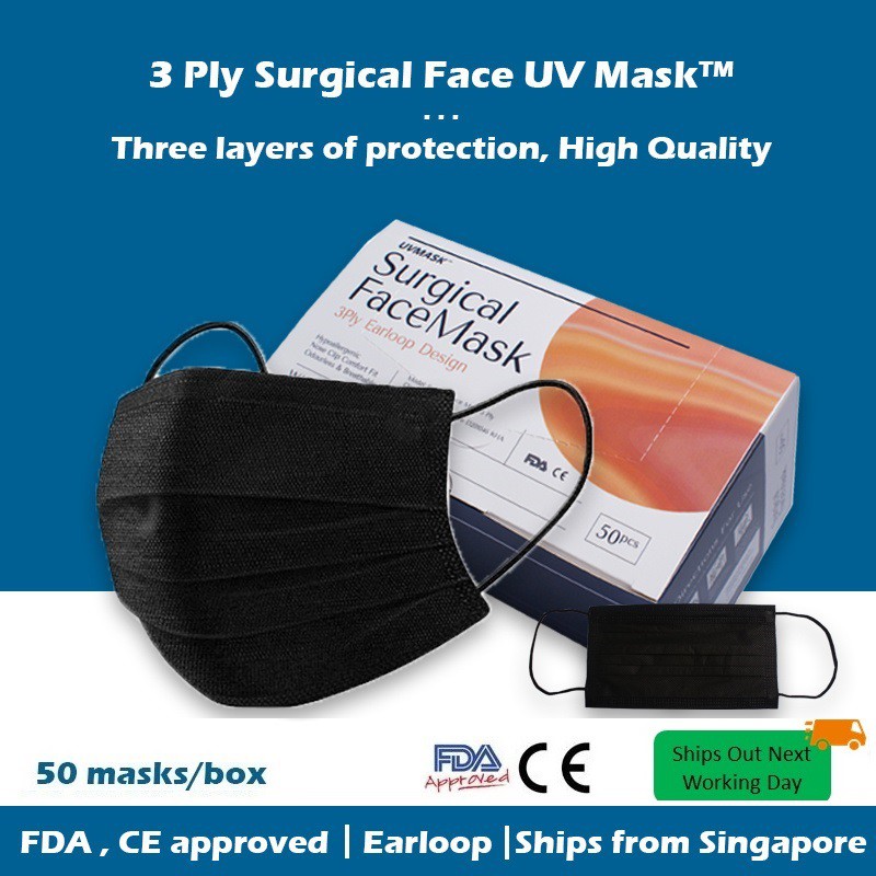 Wistech Black 3Ply EarLoop Medical Grade Surgical Face Mask 50PCs, BFE