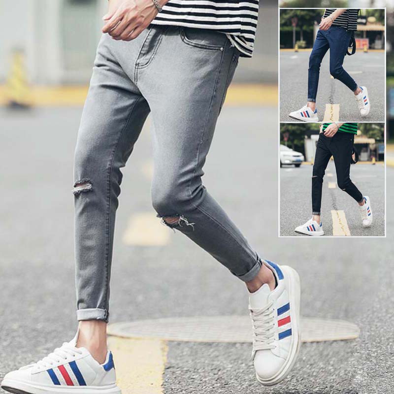 Men Ripped Jeans Distressed Knee Hole Skinny Jeans Slim Fit Mid Rise Denim Plus Size Jeans Shopee Singapore