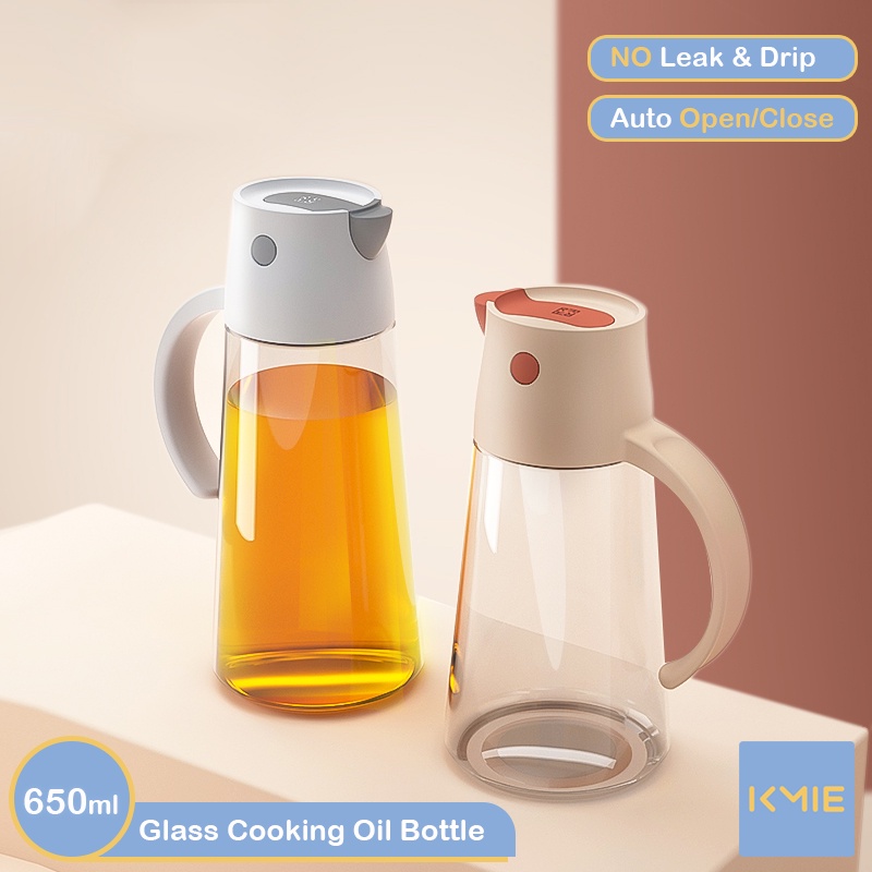 [Upgraded] Kitchen Glass Cooking Oil Bottle Auto Opening Closing Nozzle Oil Dispenser Liquid 650ml