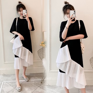 black short sleeve round neck patchwork dress