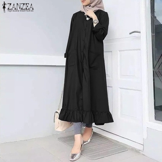 Image of ZANZEA Women Vintage Long Sleeve Button Down Frilled Hem Muslim Dress