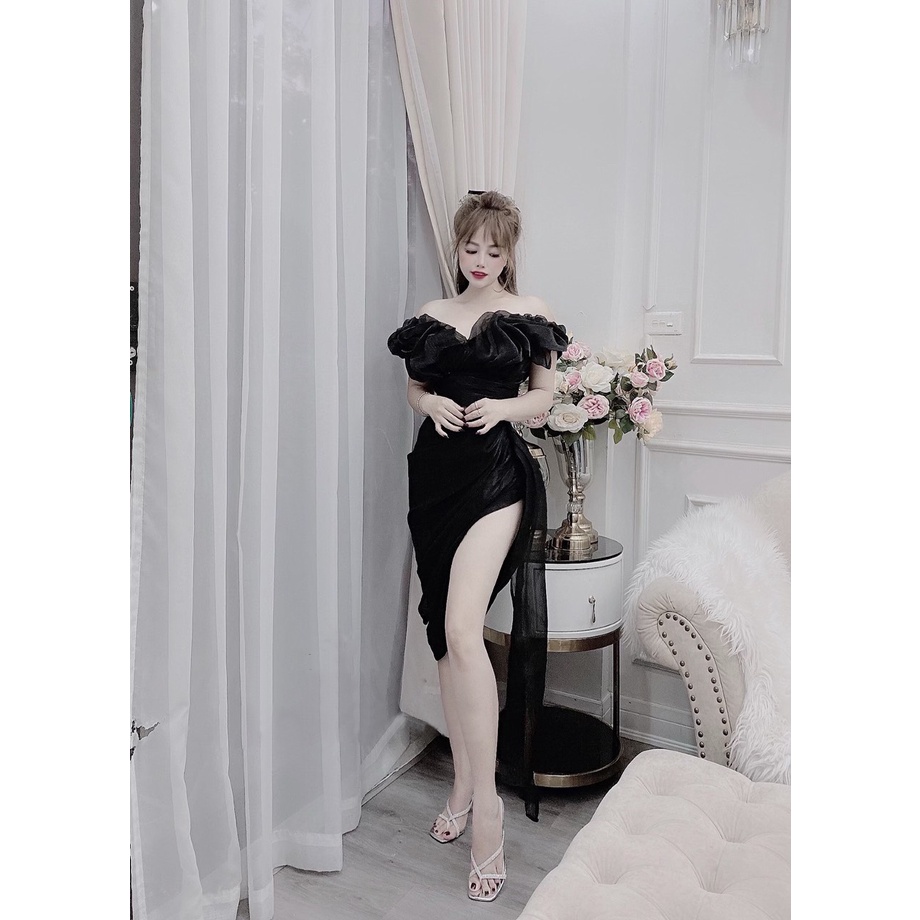 [TO12] Đầm Body Trễ Vai Xoắn Bèo Ngực Nhún Sườn Xẻ Tà Nơ Eo - Vải Tơ Organza - 5 Màu Trắng,Đen,Nude,Hồng,Đỏ - ẢNH THẬT