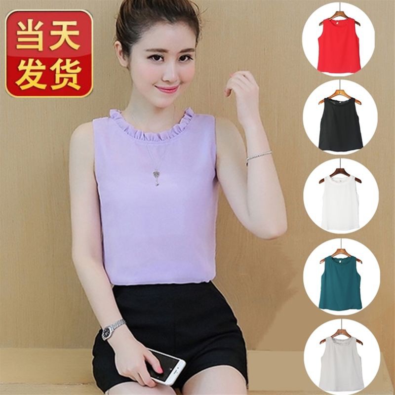 Kemeja sifon tanpa lengan berlapis dua baju wanita musim Kemeja sifon tanpa lengan berlapis dua baju wanita musim