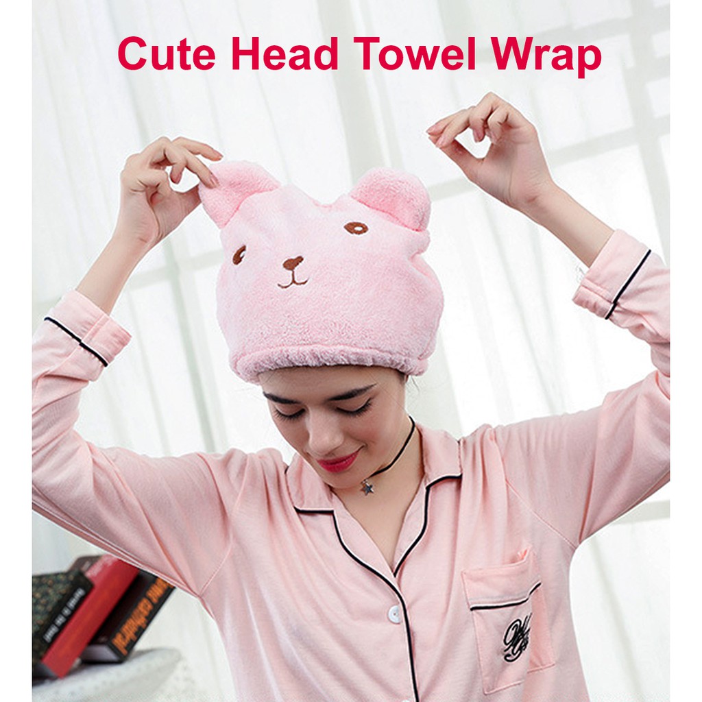 1Pcs Hair Drying Wrap Towel Hat Cartoon Cute Rabbit Coral Velvet Pink 