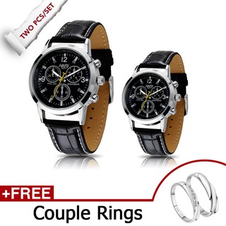 【Free Couple Rings】2Pcs/set NARY Couple Watches Leather Strap Waterproof Quartz Lover Wristwatches