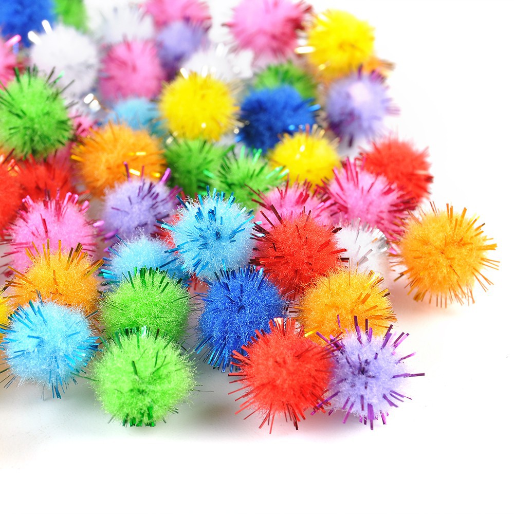 100Pcs Mini Sparkly Glitter Tinsel Pompom Balls Small Pom Ball Pet Cat Toys 