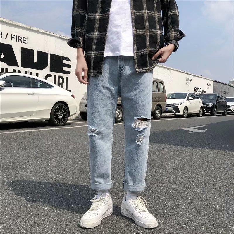 Summer Casual Men S Three Ripped Loose Light Blue Jeans Ripped Jeans Shopee Singapore