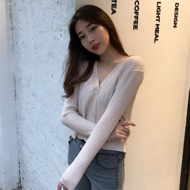 Image of Spring Autumn Short V-Neck Knitted Long-Sleeved Cardigan Hong Kong Style Vintage Fashion Versatile Sweater Casual Solid Color Outer Girls Clothing Genuine Korean Must-Have #7