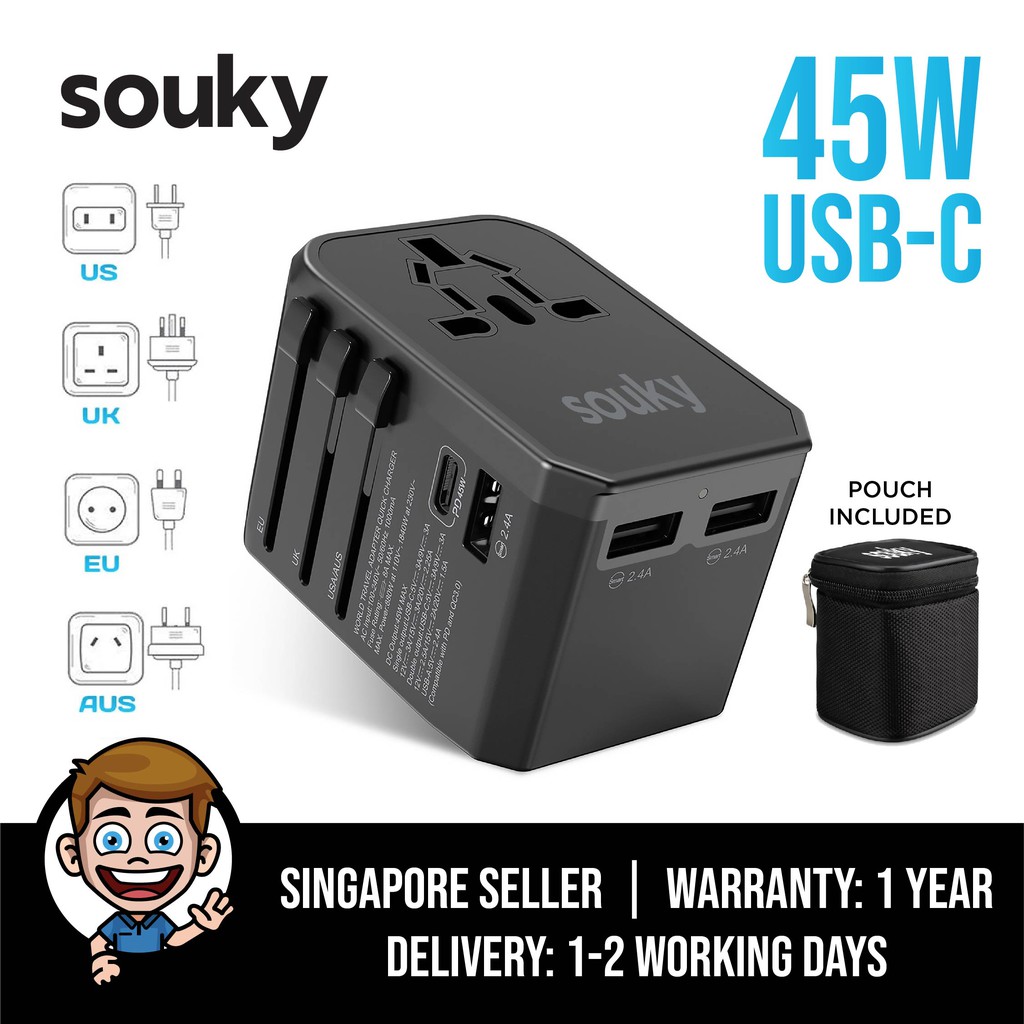 Souky Travel Adapter, 45W PD QC3.0 USBC, Universal Plug Adapter for