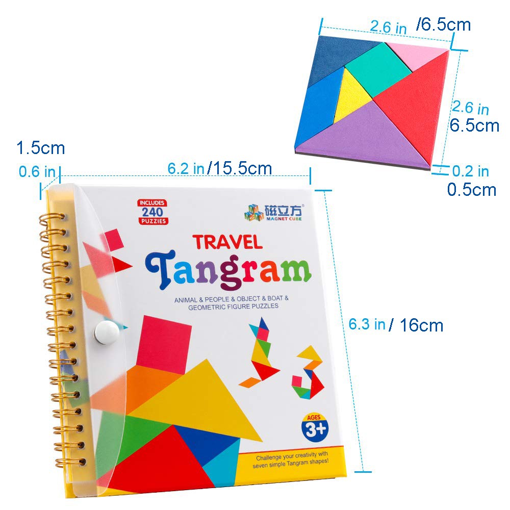 Tangram Travel Game Magnetic Puzzle with 7 Simple Colorful Shapes&Educational Toy Dissection Games with Solution Gift for Kid Adult Challenge 