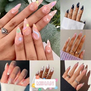 MH 24pcs/Box Flower Almond False Nails Press On Nails Artificial Full Cover French Stiletto Fake Nails