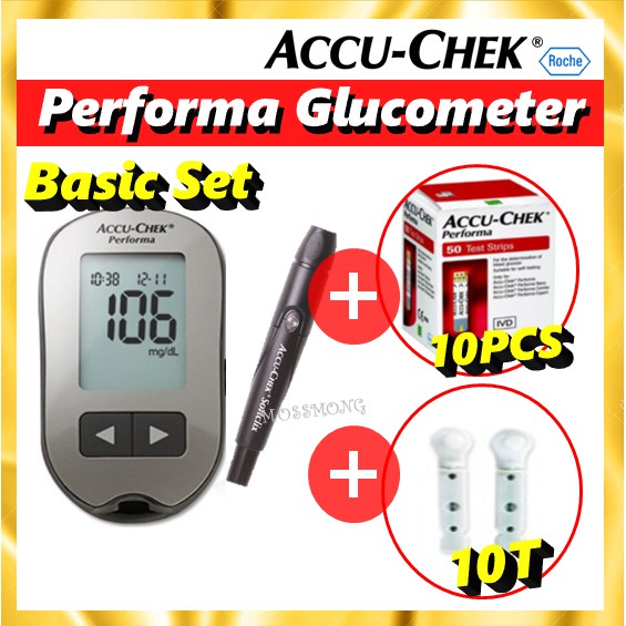 Accu Chek Performa Blood Glucose Monitoring Meter + Lancing Device + 10 Test Strips Free