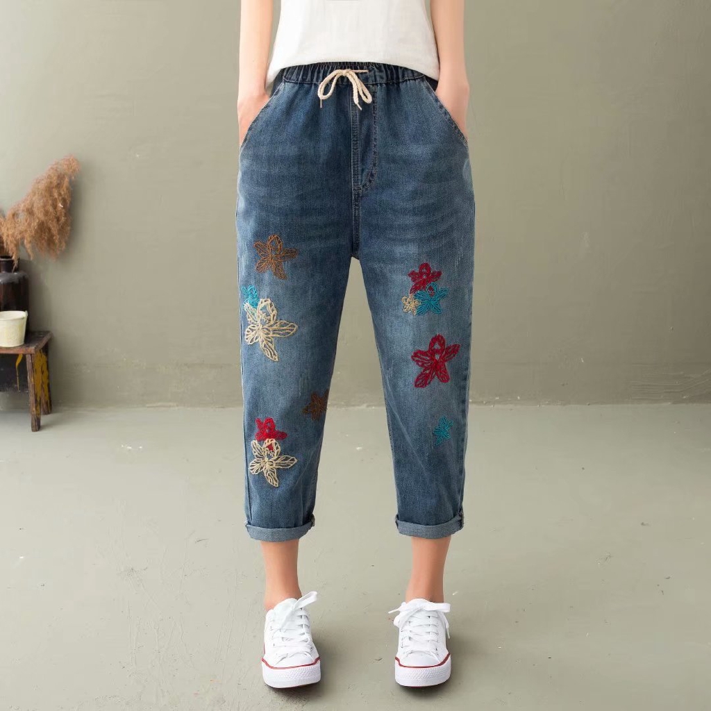 Elastic waist M-3XL Jeans floral embroidery women fashion denim pants ...