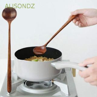 ALISONDZ Wooden Natural Wood Tableware Long Handle Round Spoons