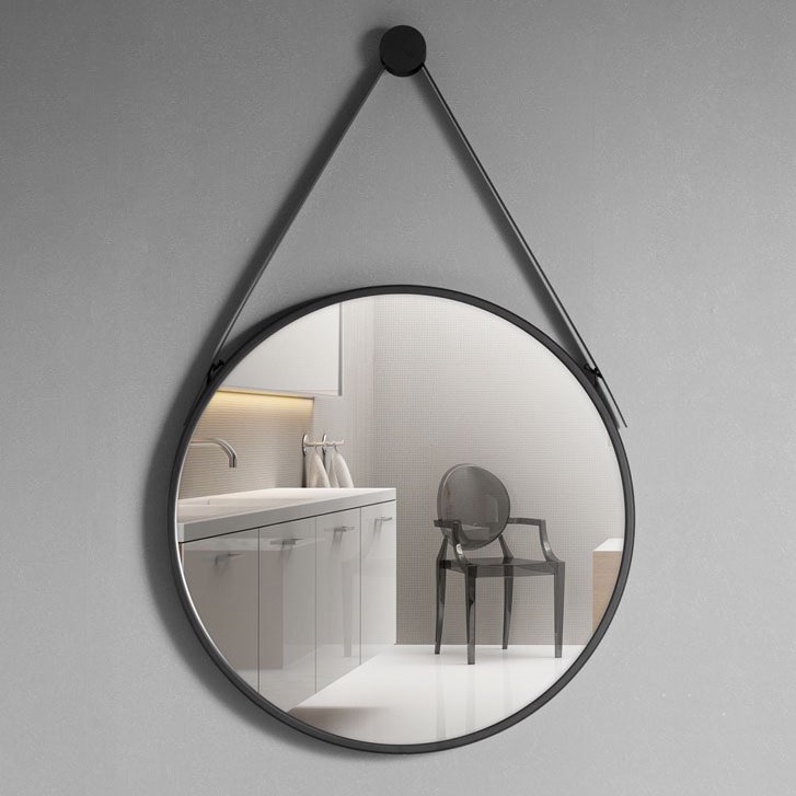 Deko Nordic Round Circle Mirror, Retro Round Wall Hanging Mirror With Leather Strap