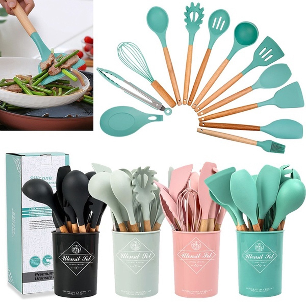 12pcs Silicone Kitchenware Wooden Handle Cooking Utensil Spatula Soup