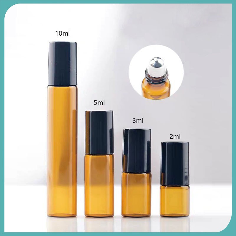 1ml 2ml 3ml 5ml 10m Amber Perfume Glass Roll on Bottle with Glass/Metal Ball Brown Roller Essential Oil Vials Thin