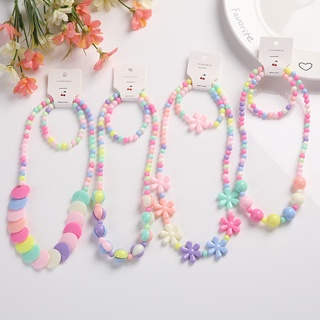Korean Children's Candy Color Necklace Set, Girls' Jewelry Cartoon Flower Bow Necklace Bracelet Two-piece Set