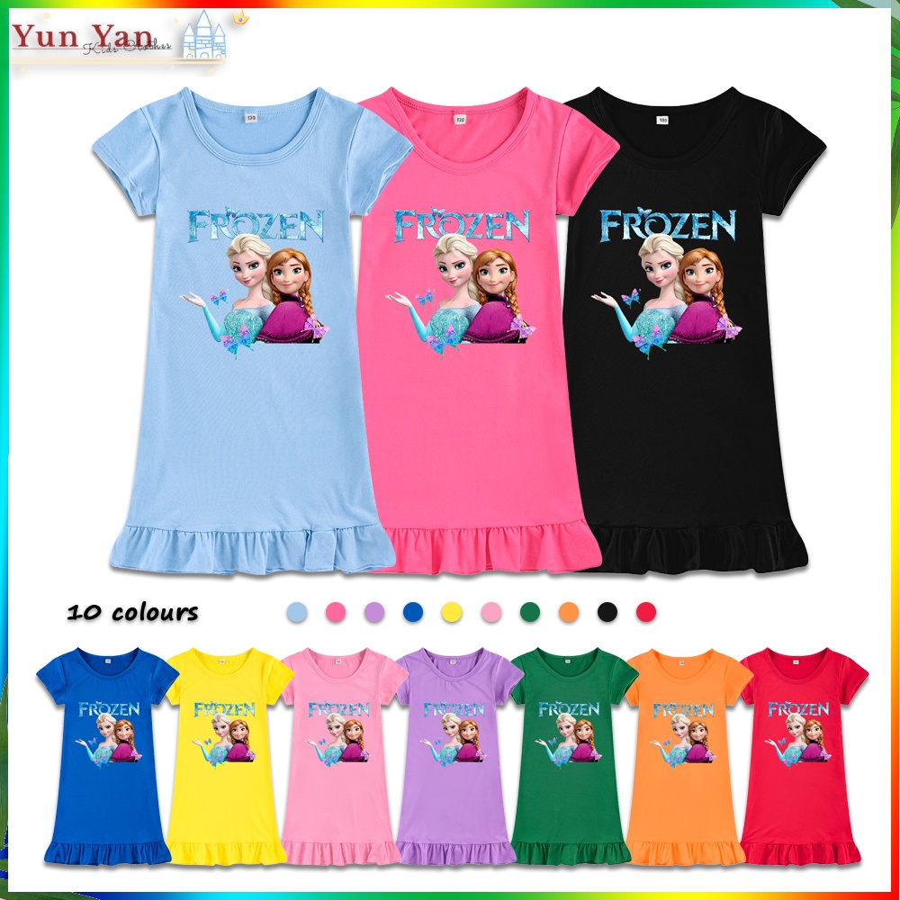 Frozen Elsa Princess Casual Dress Cartoon Skirt Little Girls Print Baby  Short Sleeve Kids Summer Nightdress | Shopee Singapore