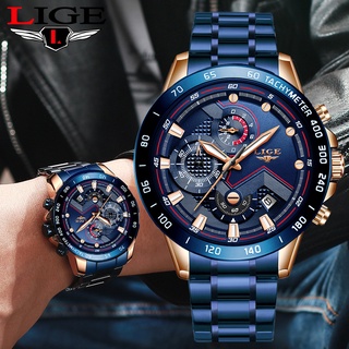 LIGE Watch Men's Luxury Chronograph Active Stainless Steel Sports Waterproof WristWatch Luminous Quartz Watches With Box