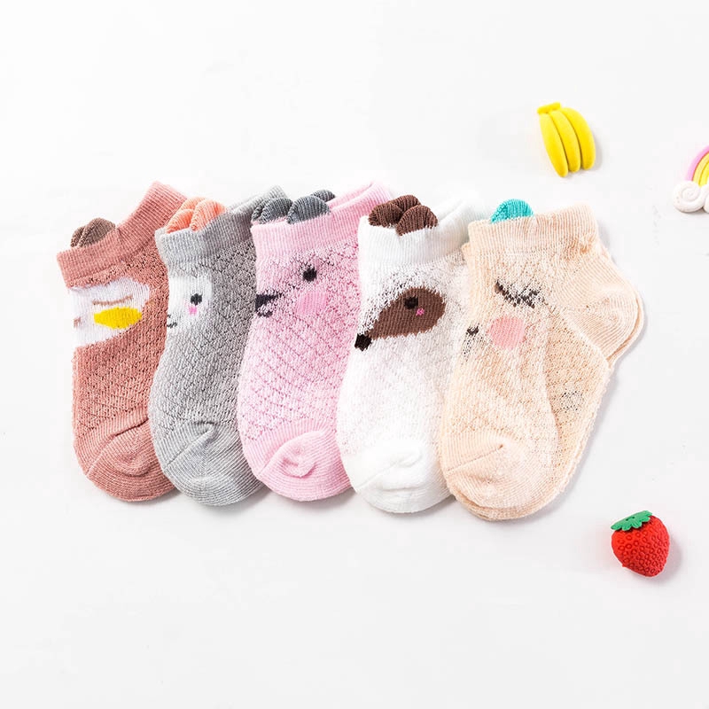 5Pcs/set Summer Cotton Thin Section Mesh Baby Socks Cartoon Breathable Baby Boat Socks Loose Mouth Cotton Children Socks